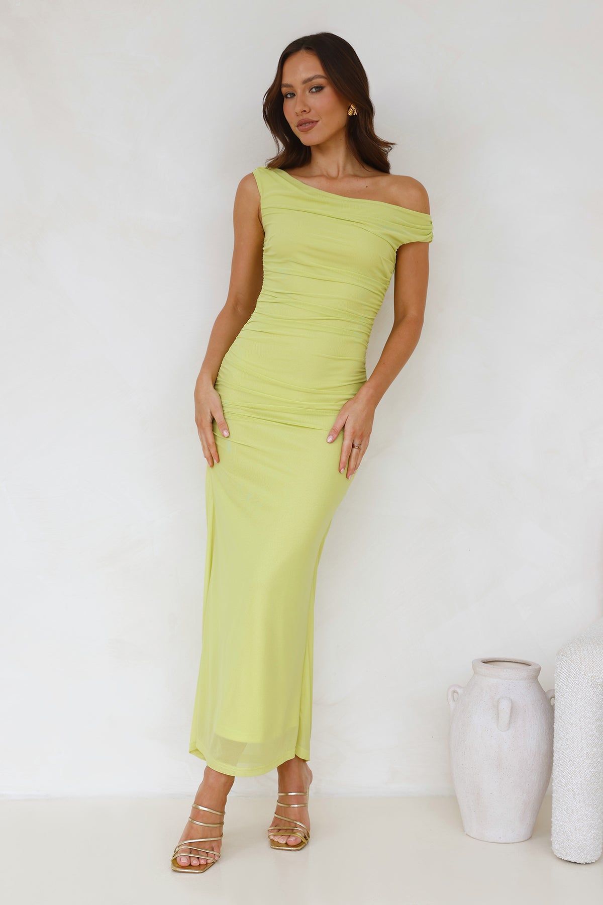 Shop Formal Dress - Old Love Off Shoulder Maxi Dress Lime featured image