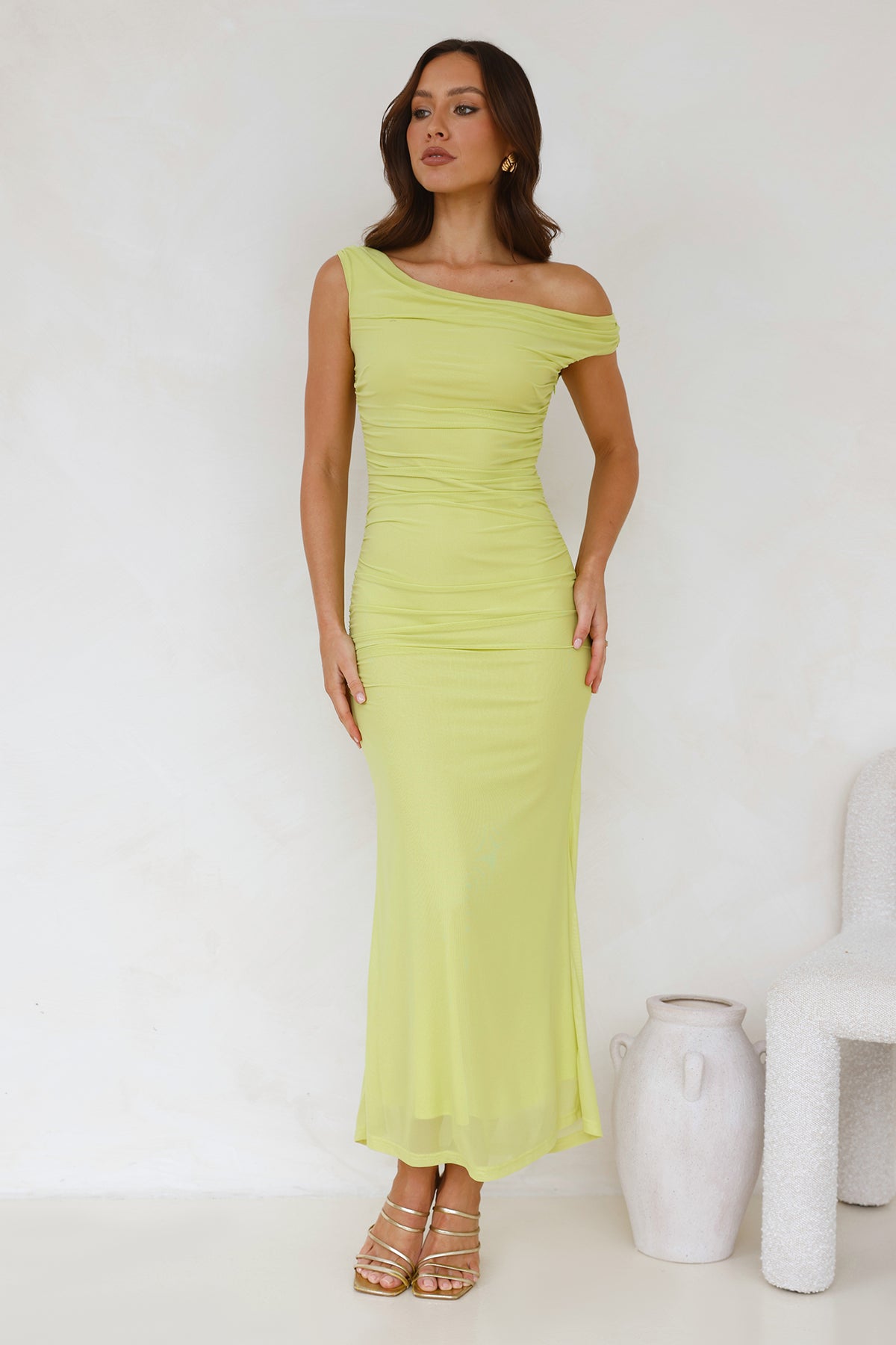 Shop Formal Dress - Old Love Off Shoulder Maxi Dress Lime fifth image