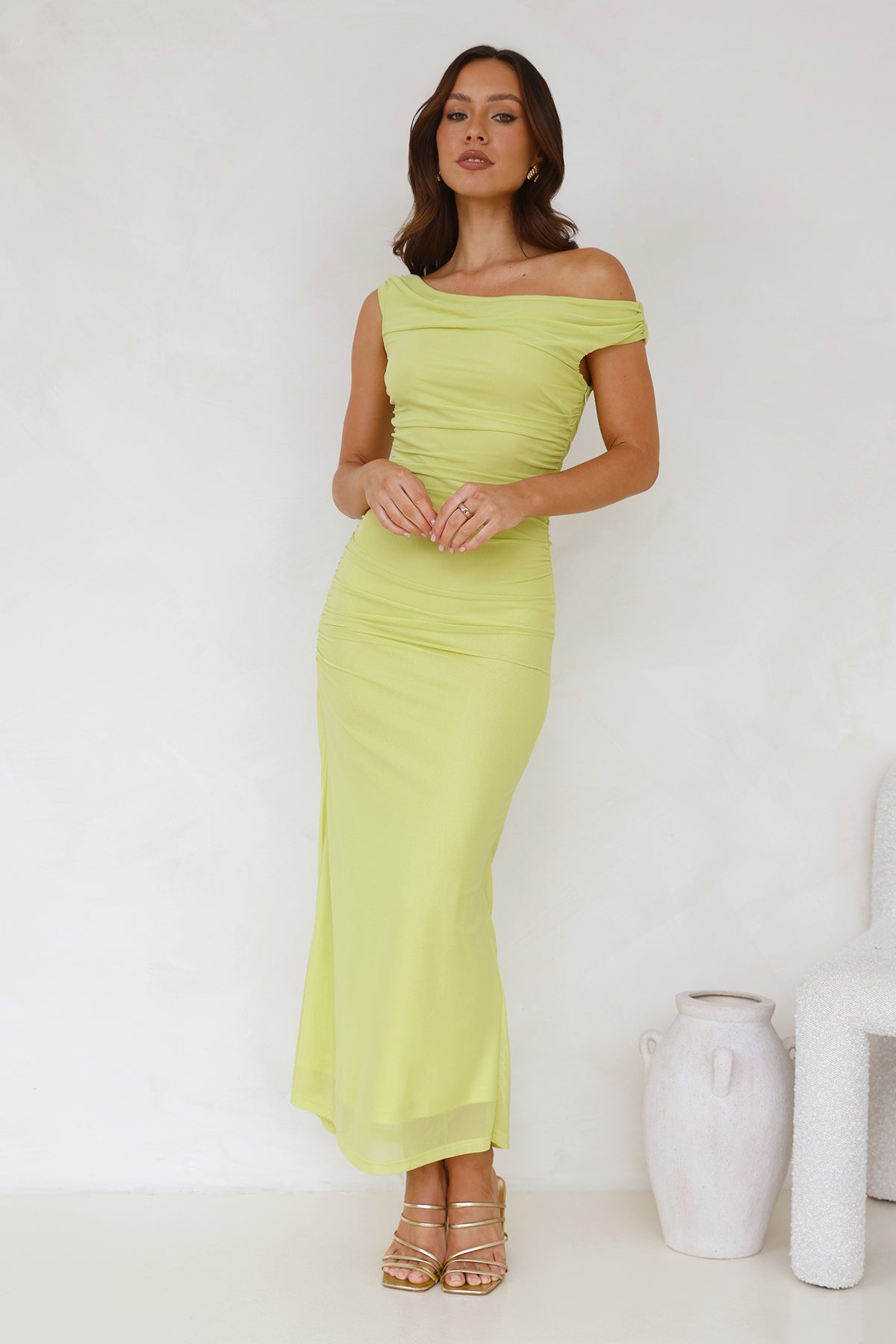 Shop Formal Dress - Old Love Off Shoulder Maxi Dress Lime third image