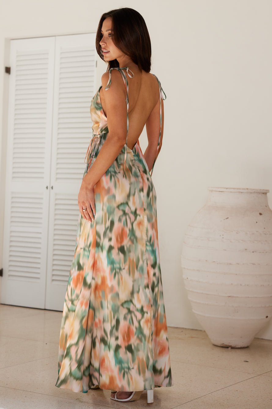 Shop Formal Dress - Painted Sunset Satin Maxi Dress Green sixth image