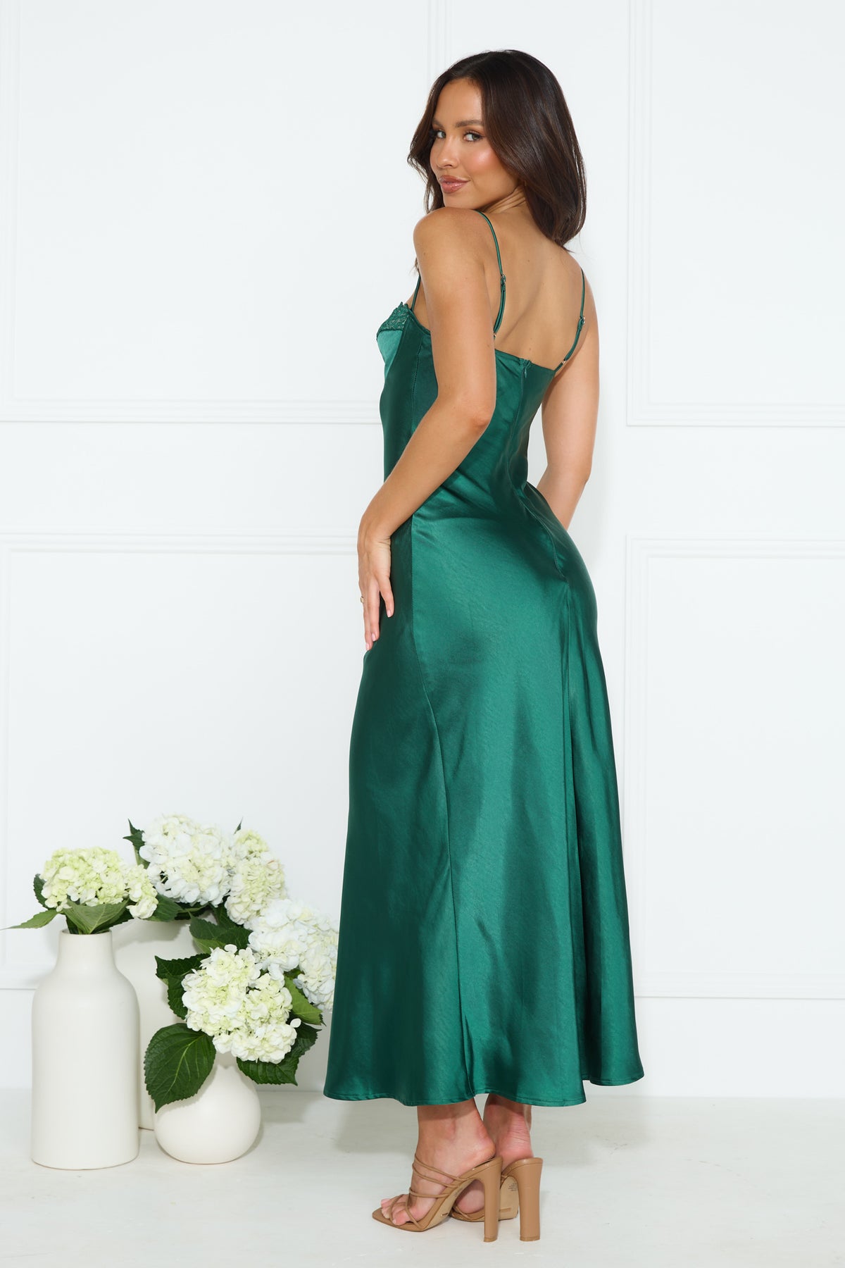 Shop Formal Dress - Filled with Passion Satin Maxi Dress Green fourth image