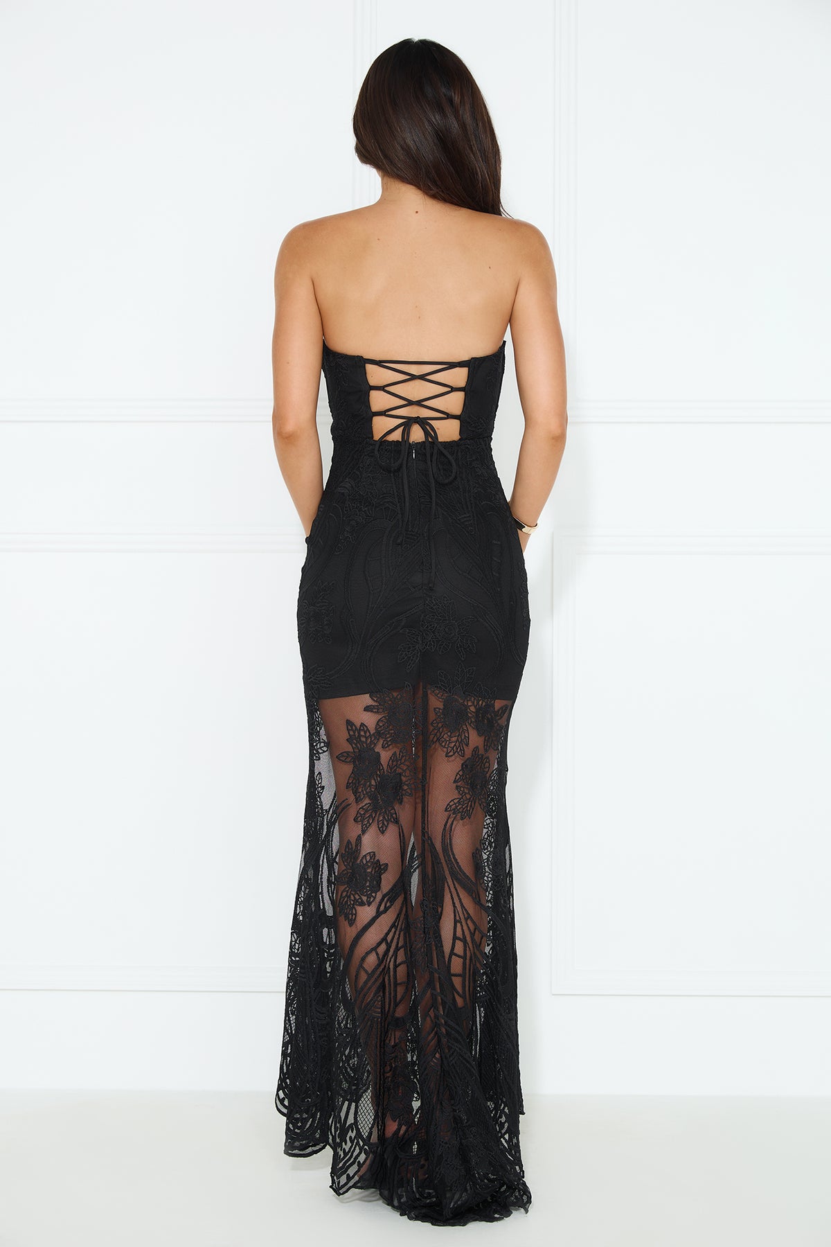 Shop Formal Dress - Piano In The Distance Strapless Lace Maxi Dress Black fourth image