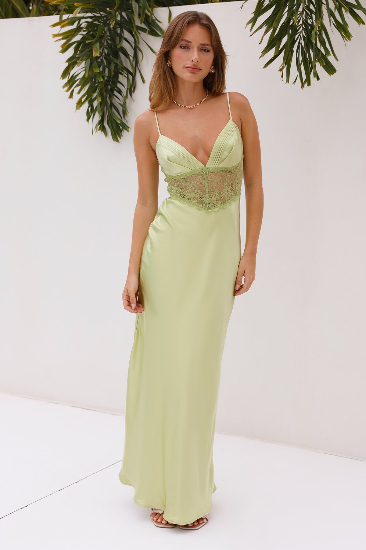Shop Formal Dress - Make My Night Satin Maxi Dress Green fifth image