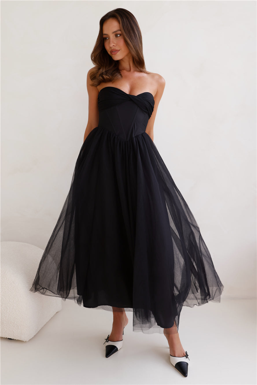 Shop Formal Dress - Worthy Of Diamonds Strapless Tulle Midi Dress Black featured image