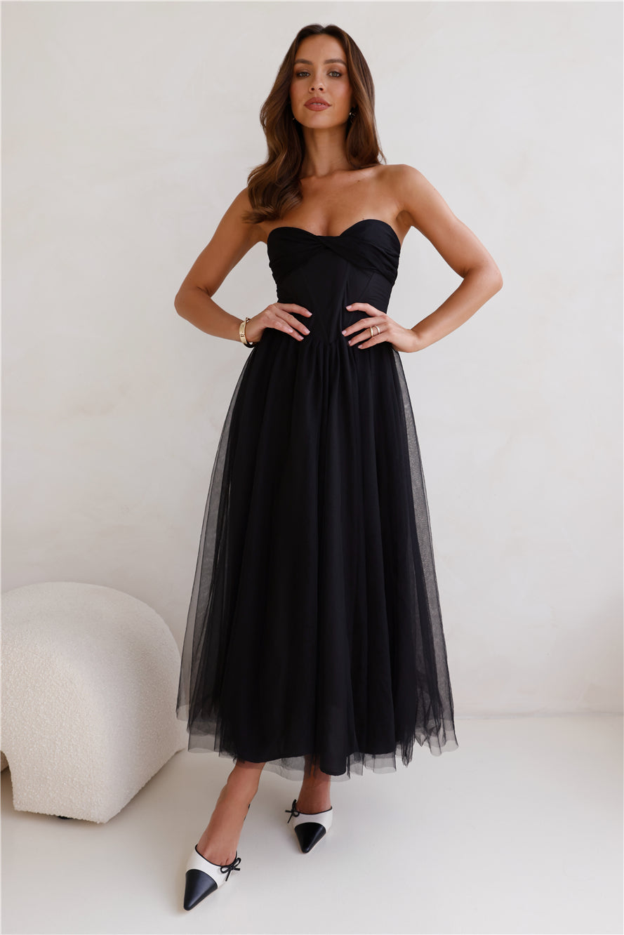 Shop Formal Dress - Worthy Of Diamonds Strapless Tulle Midi Dress Black fifth image
