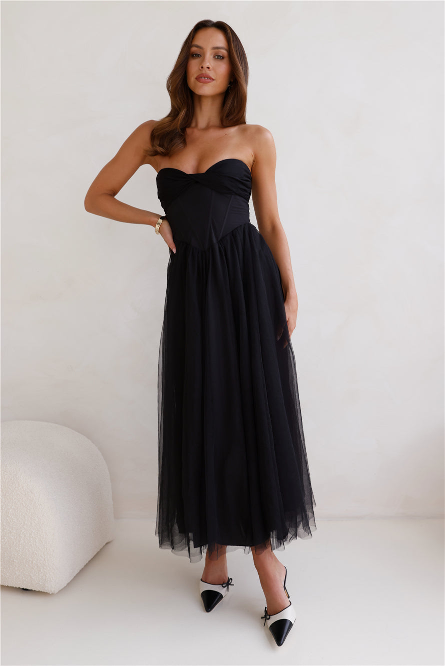 Shop Formal Dress - Worthy Of Diamonds Strapless Tulle Midi Dress Black third image