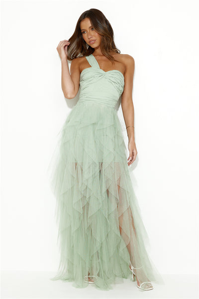Extravagance Is Me One Shoulder Tulle Maxi Dress Sage