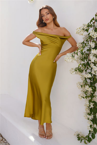 Stylish Season Off Shoulder Satin Midi Dress Olive