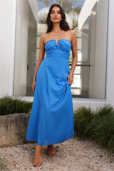 Sofia Strapless Linen Blend Maxi Dress Blue