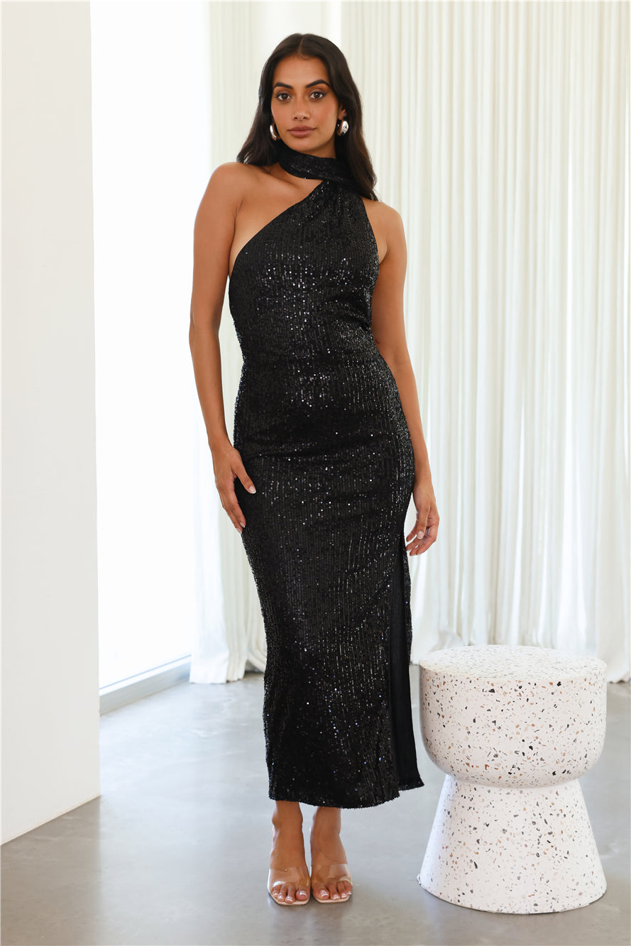 Shop Formal Dress - All Eyes On Her Sequin Midi Dress Black featured image