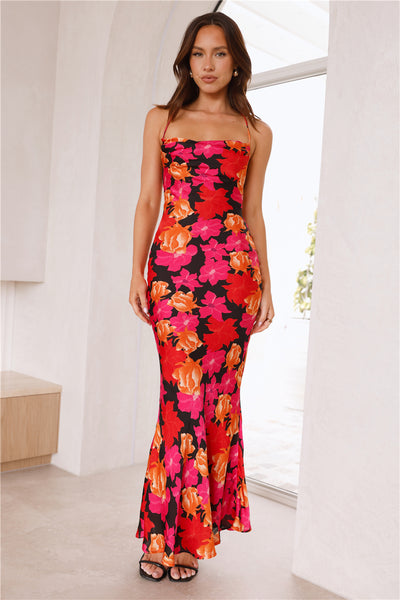 HELLO MOLLY Tropics In Bloom Satin Maxi Dress Black