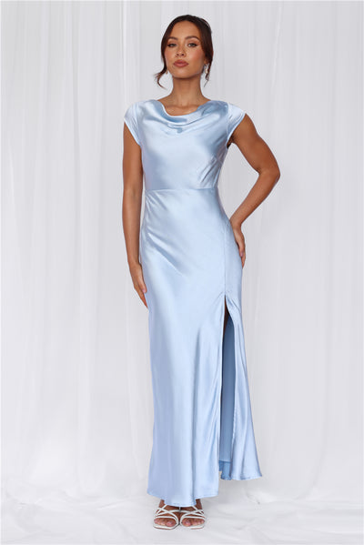 HELLO MOLLY The Valentina Cap Sleeve Satin Maxi Dress Blue