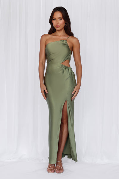 HELLO MOLLY The Opal One Shoulder Satin Maxi Dress Olive