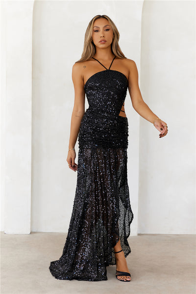 DEAR EMILIA Bedazzled Beauty Sequin Maxi Dress Black