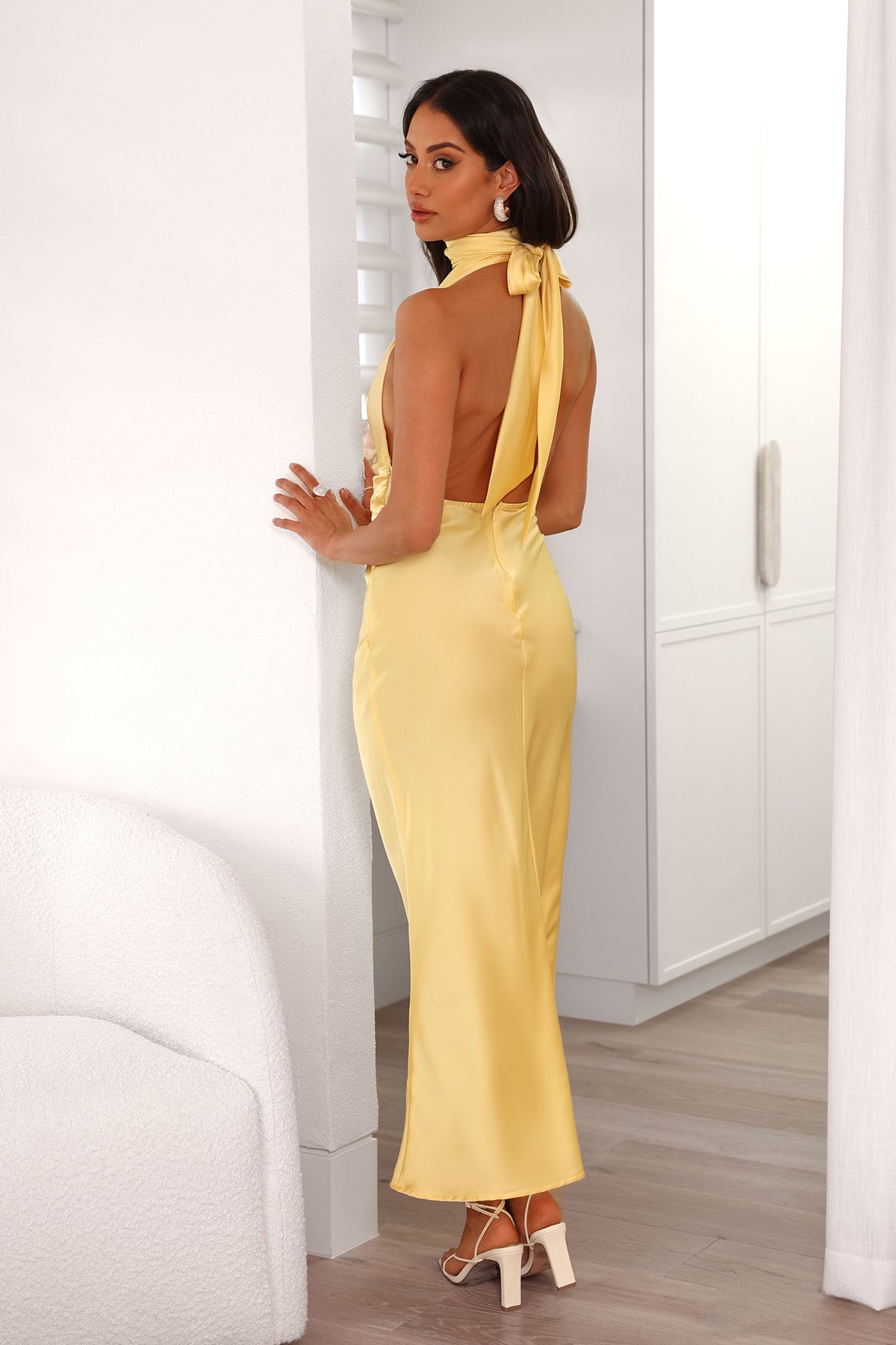Shop Formal Dress - Beauty Of The Night Halter Satin Maxi Dress Yellow sixth image