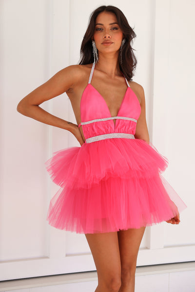 HELLO MOLLY Welcome Me Back Tulle Mini Dress Hot Pink