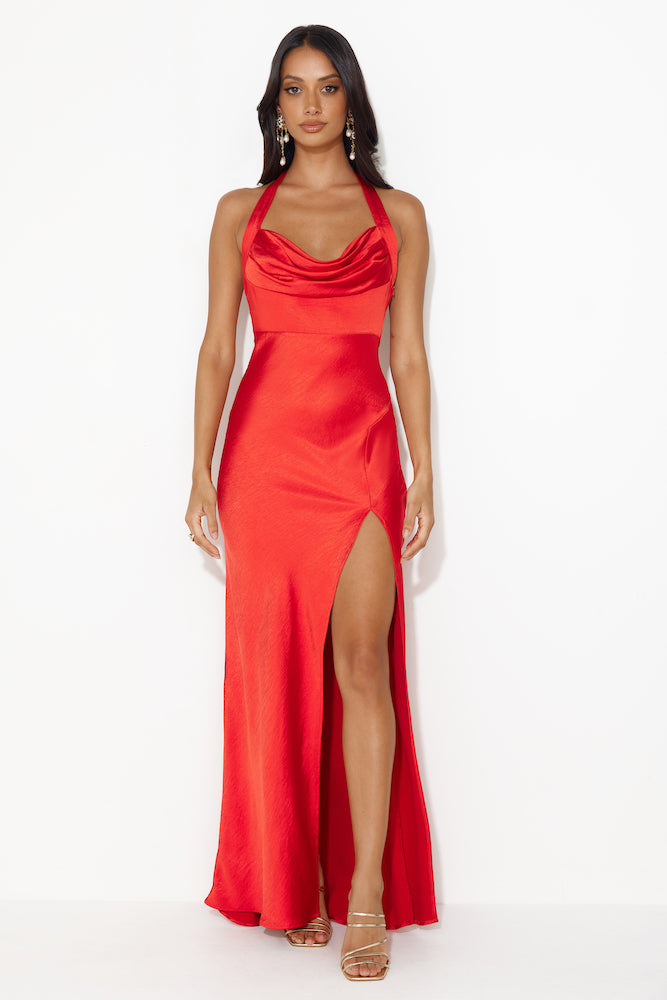 Shop Formal Dress - Girl In The Spotlight Halter Neck Satin Maxi Dress Red secondary image
