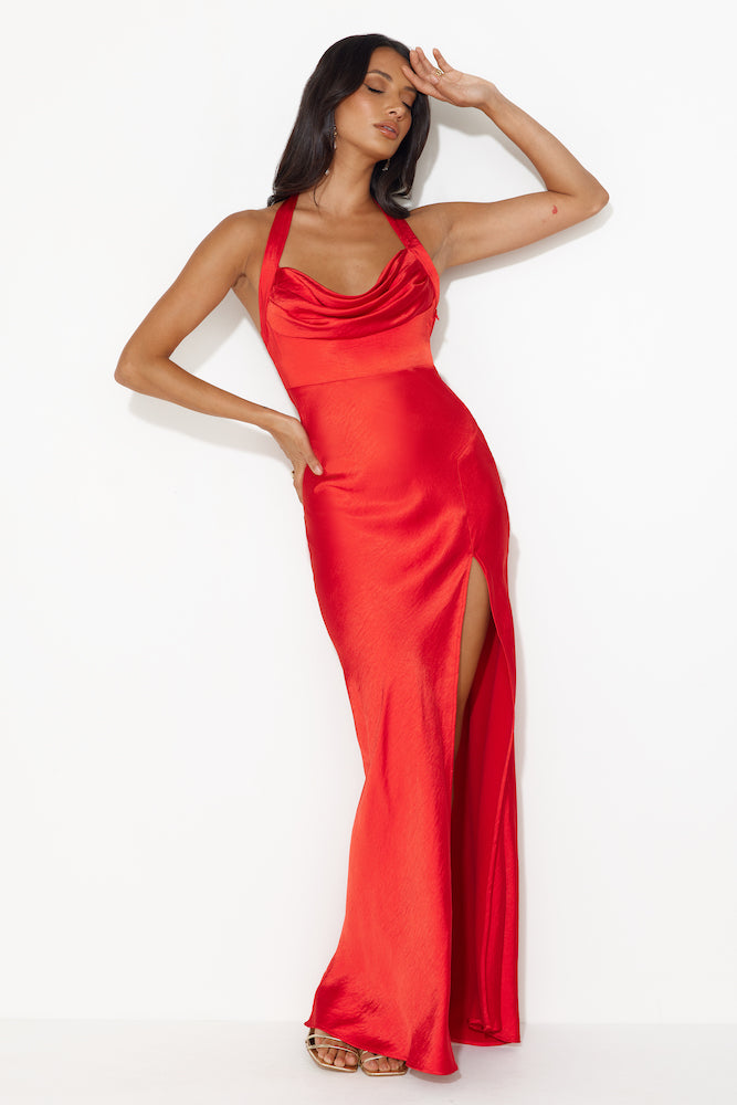 Shop Formal Dress - Girl In The Spotlight Halter Neck Satin Maxi Dress Red fourth image