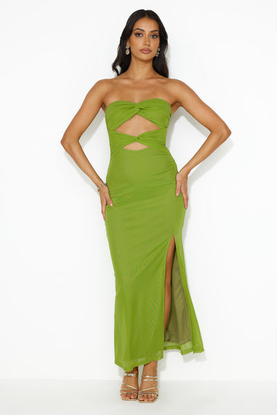 Hottest Date Mesh Strapless Maxi Dress Olive