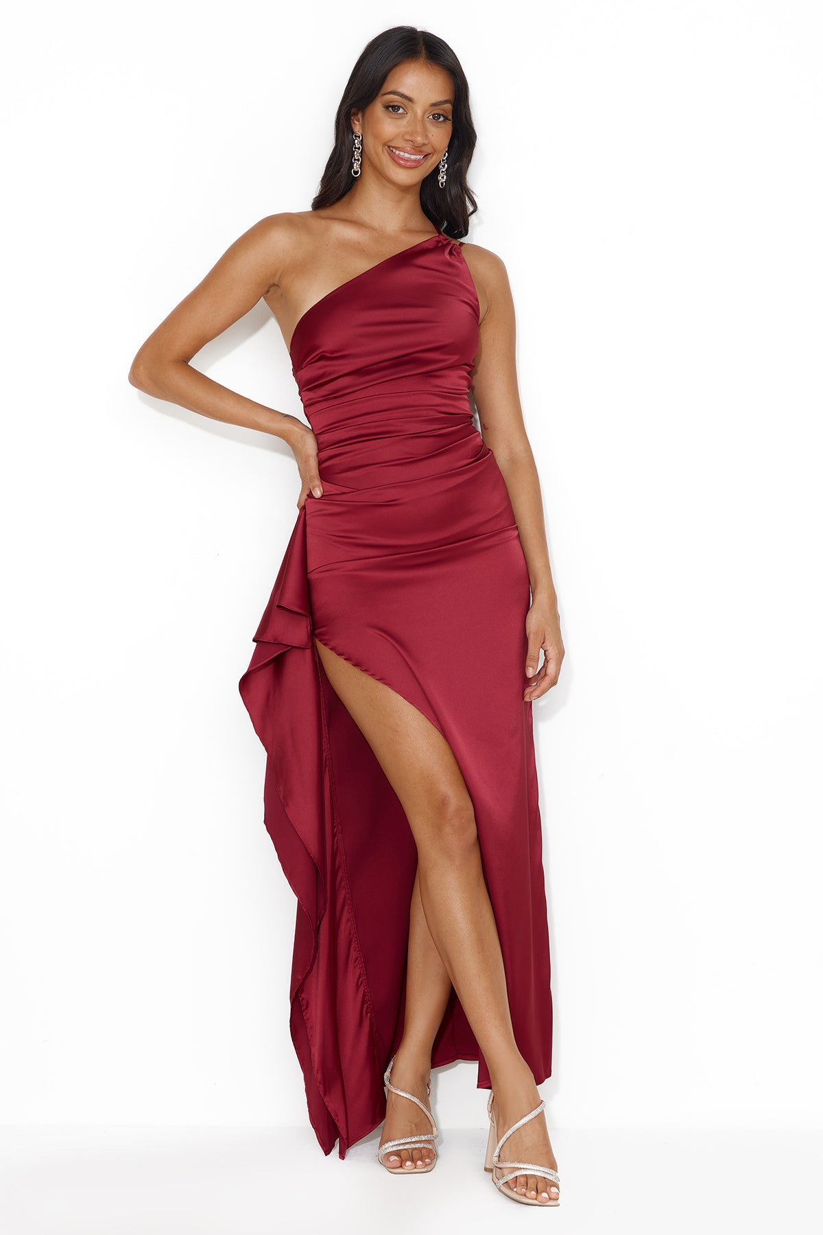 Shop Formal Dress - Extra Special One Shoulder Satin Maxi Dress Wine sixth image