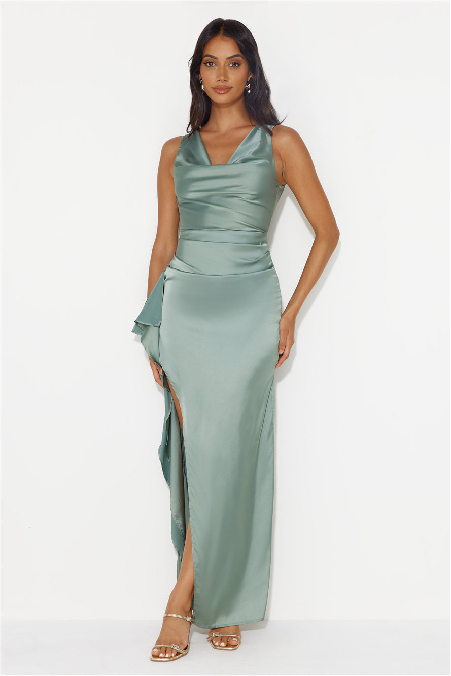 Shop Formal Dress - Stars Of Luxury Satin Maxi Dress Sage third image