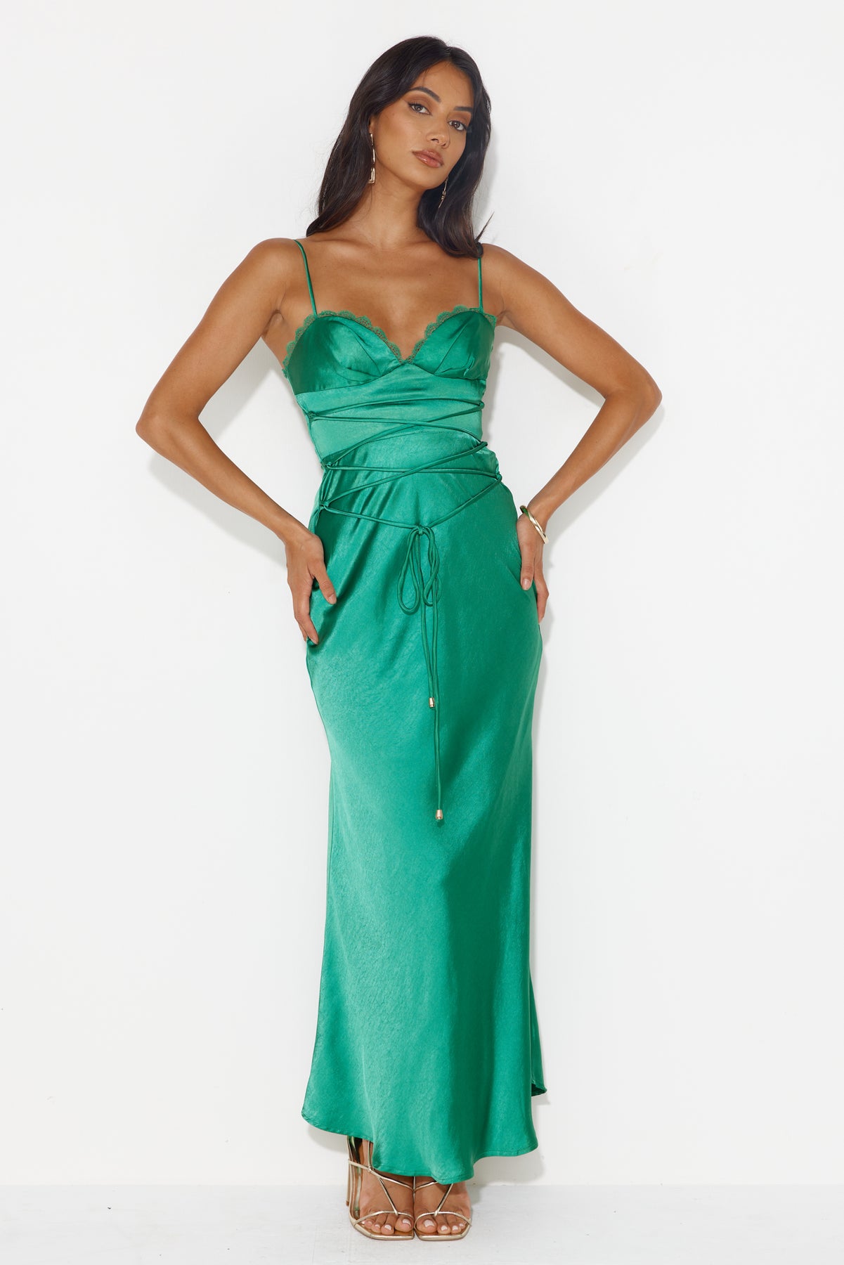 Shop Formal Dress - Dancing Pixie Satin Maxi Dress Green fifth image