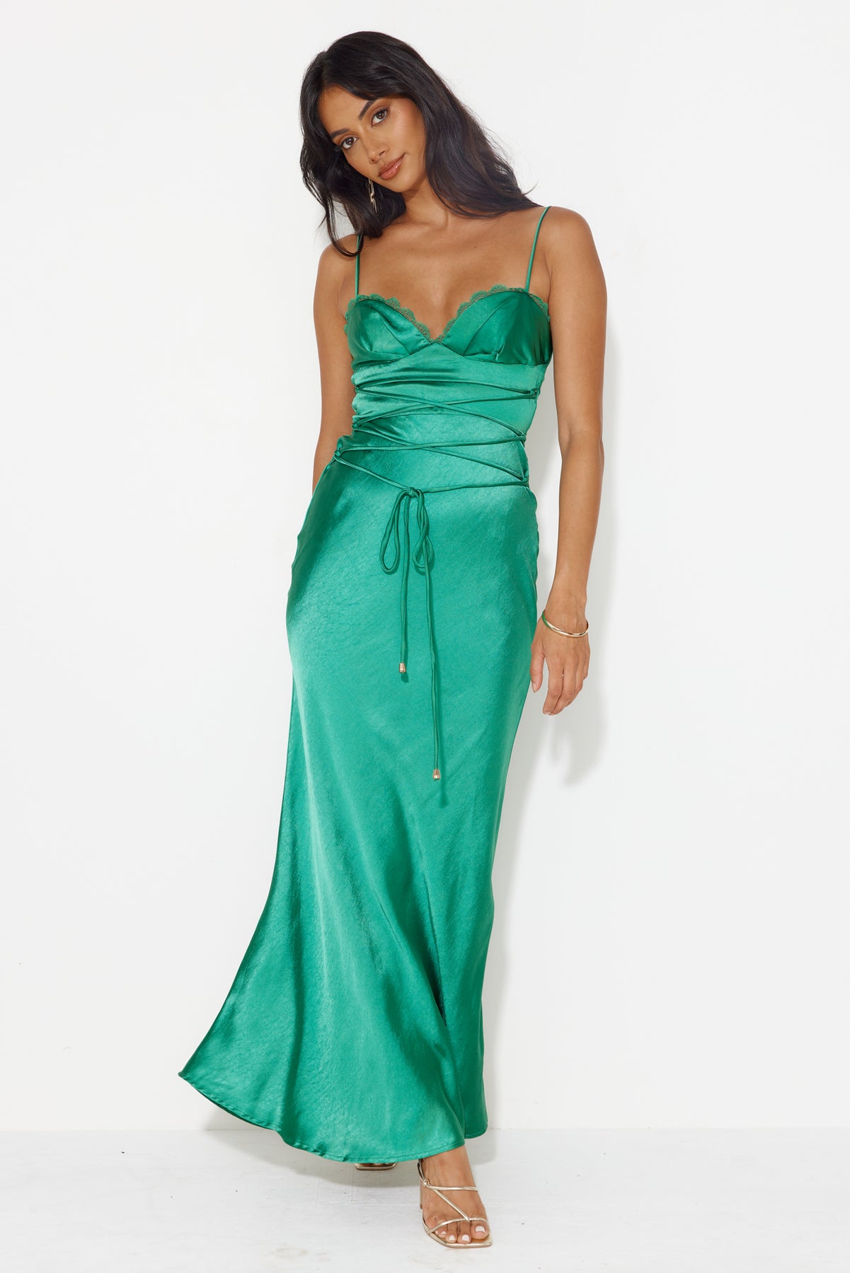 Shop Formal Dress - Dancing Pixie Satin Maxi Dress Green third image