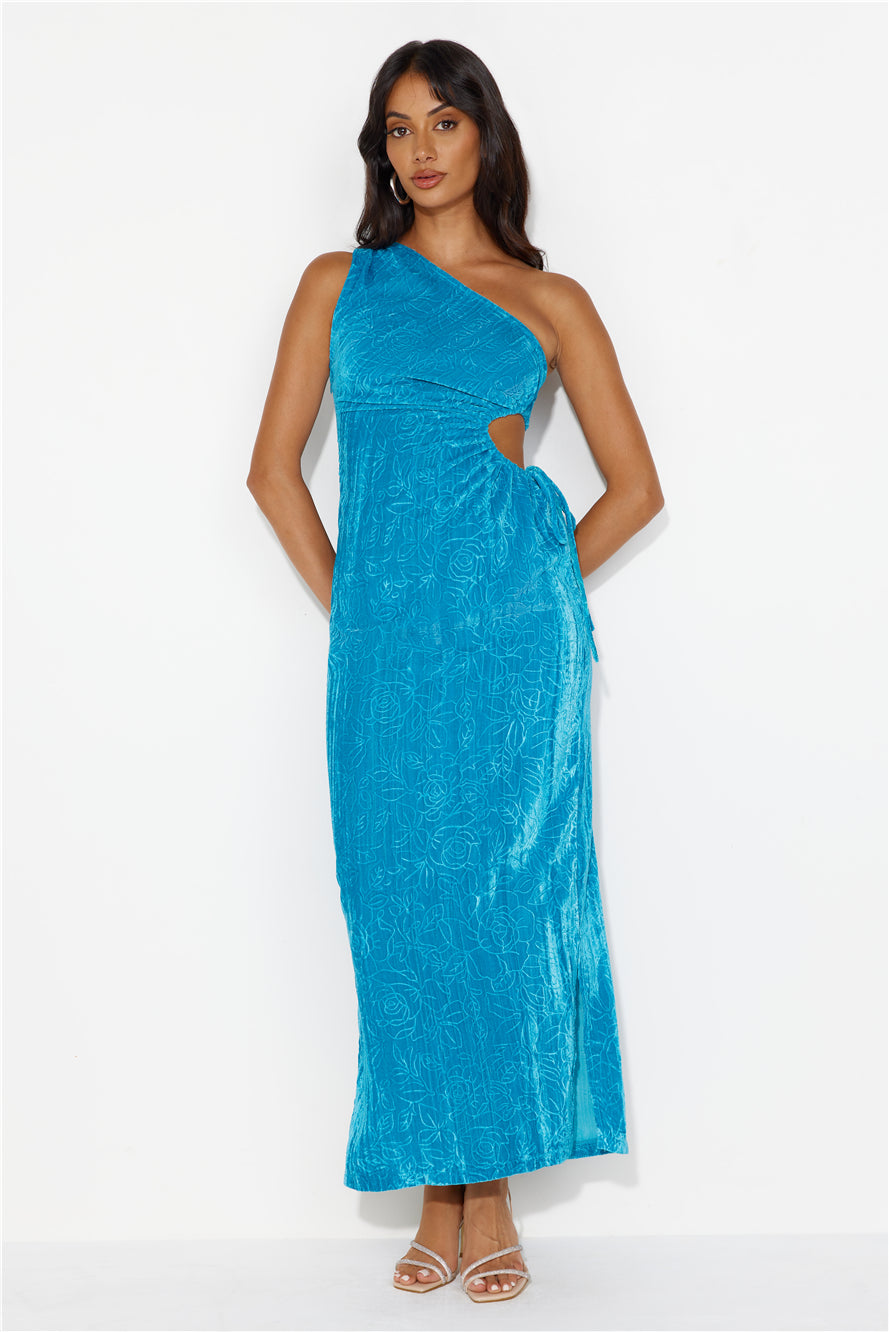 Shop Formal Dress - Universe Moons One Shoulder Velvet Maxi Dress Blue featured image