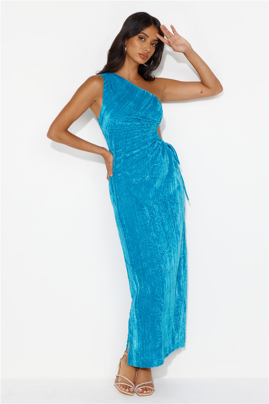 Shop Formal Dress - Universe Moons One Shoulder Velvet Maxi Dress Blue fifth image