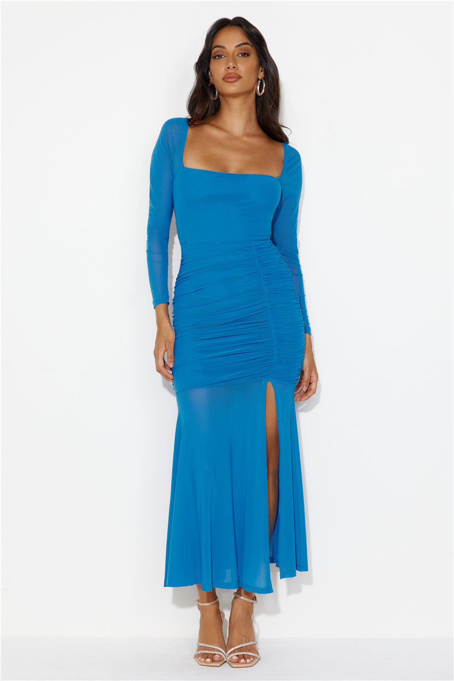 Shop Formal Dress - Grand Gesture Long Sleeve Mesh Maxi Dress Blue fifth image