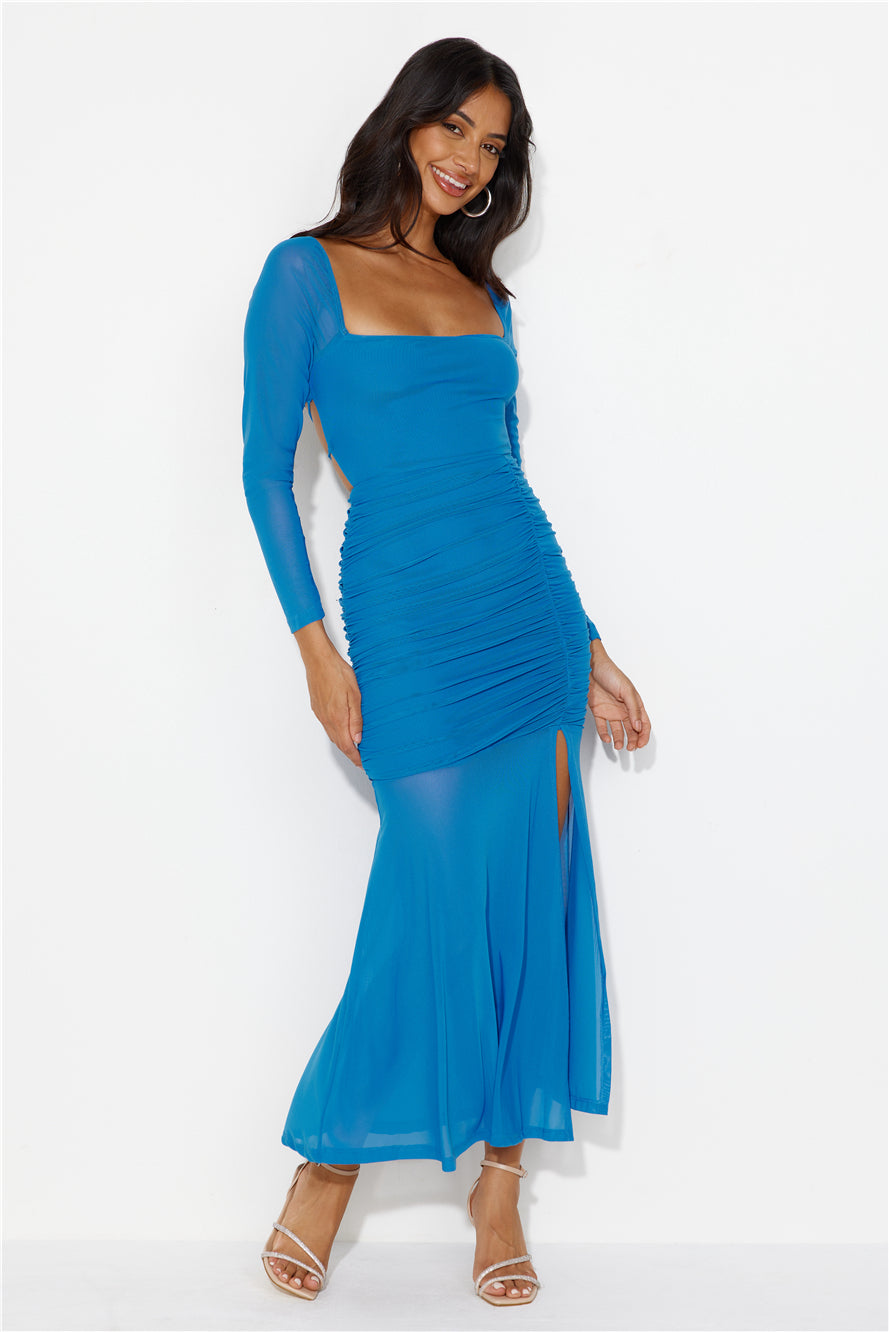 Shop Formal Dress - Grand Gesture Long Sleeve Mesh Maxi Dress Blue third image