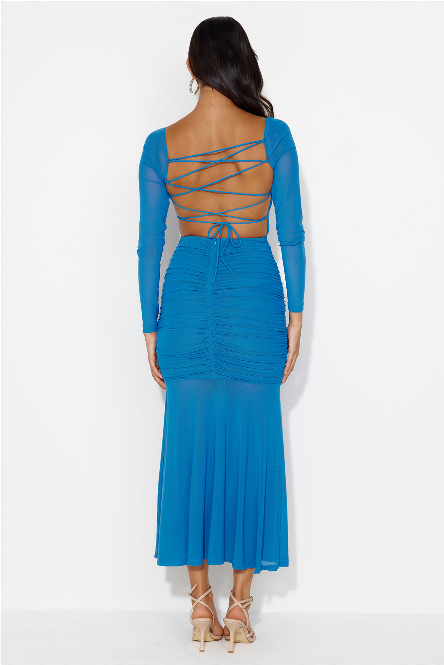 Shop Formal Dress - Grand Gesture Long Sleeve Mesh Maxi Dress Blue fourth image