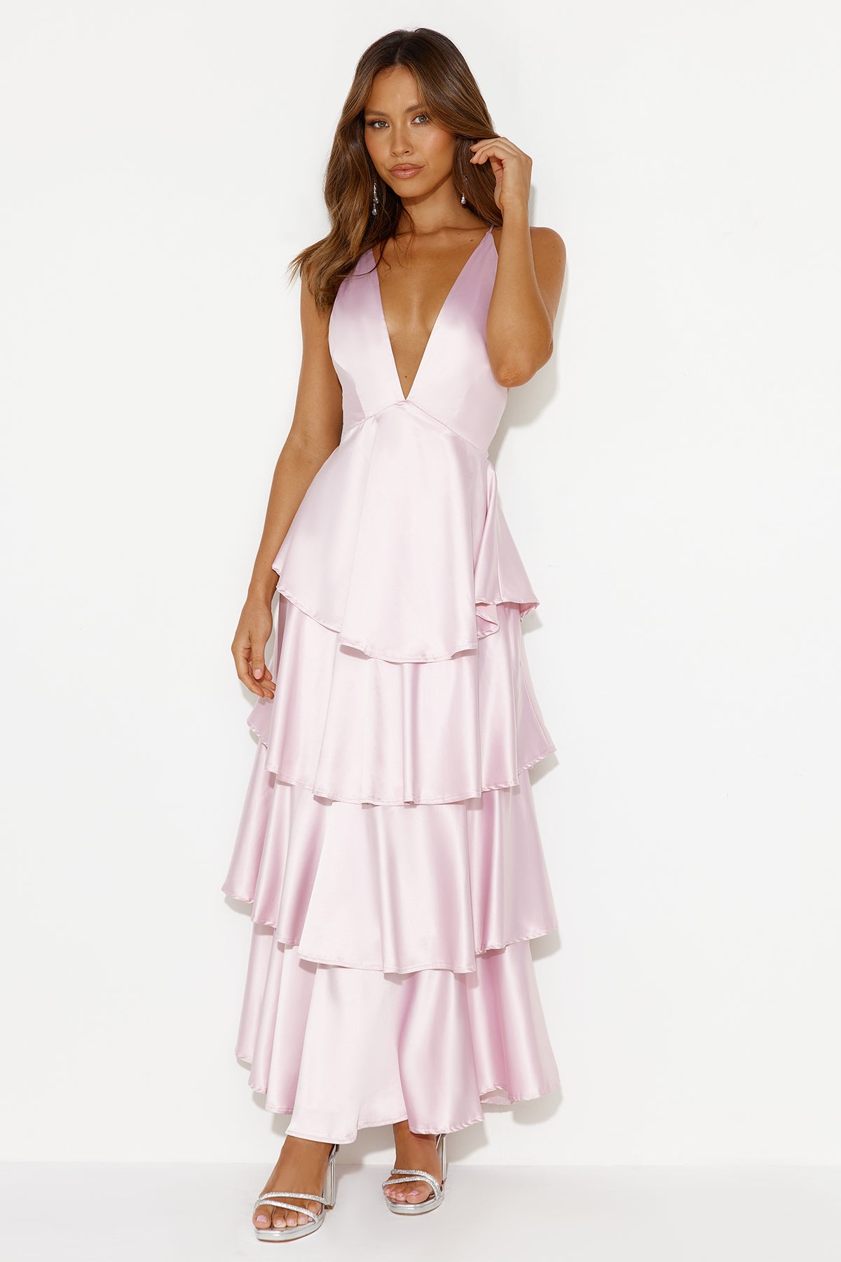 Shop Formal Dress - Party Of The Year Satin Maxi Dress Light Pink third image