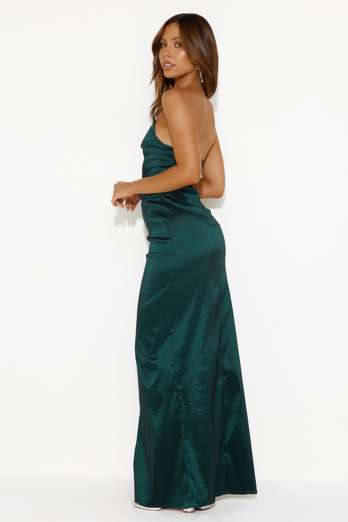 Shop Formal Dress - DEAR EMILIA Style Finesse Strapless Satin Maxi Dress Forest Green third image