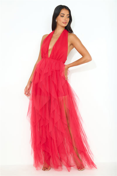 Prideful Halter Tulle Maxi Dress Red