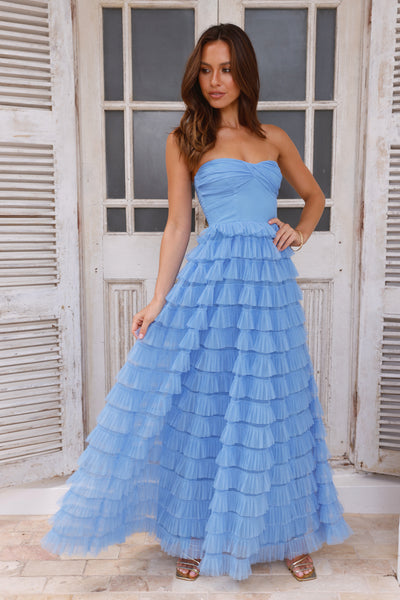 Lovers In Paris Strapless Tulle Maxi Dress Blue