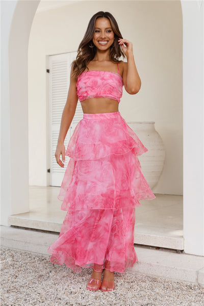 Worthy Of Roses Frill Maxi Skirt Pink