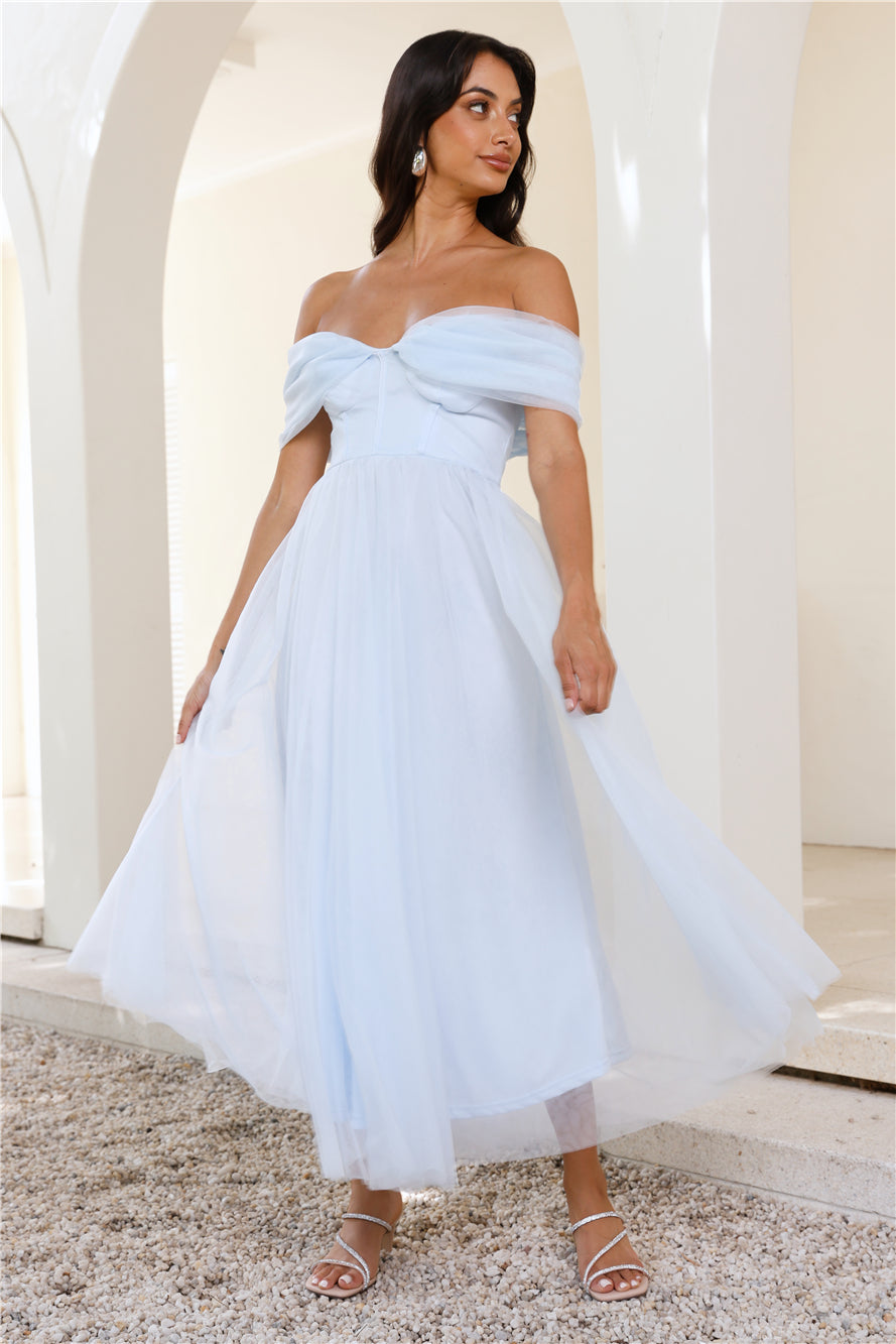Shop Formal Dress - Something New Off Shoulder Tulle Midi Dress Blue featured image