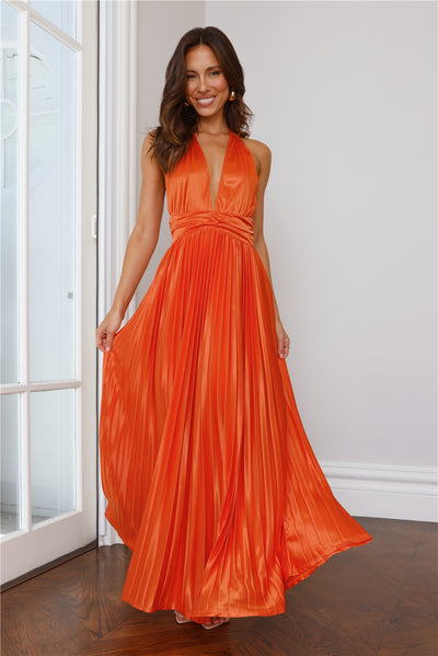 Shimmering Sea Pleated Halter Maxi Dress Orange