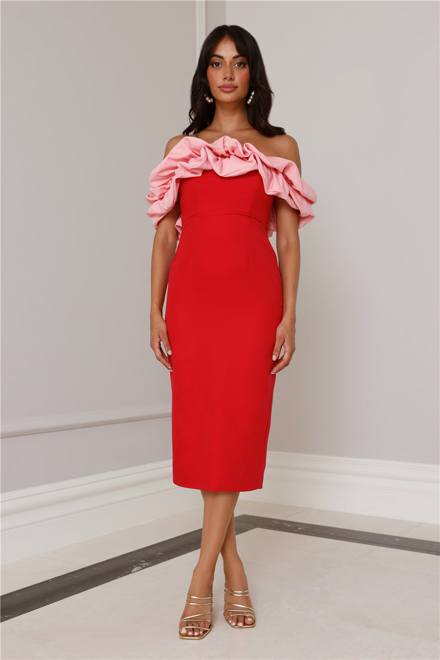 Shop Formal Dress - Kinsey Off Shoulder Frill Midi Dress Red secondary image