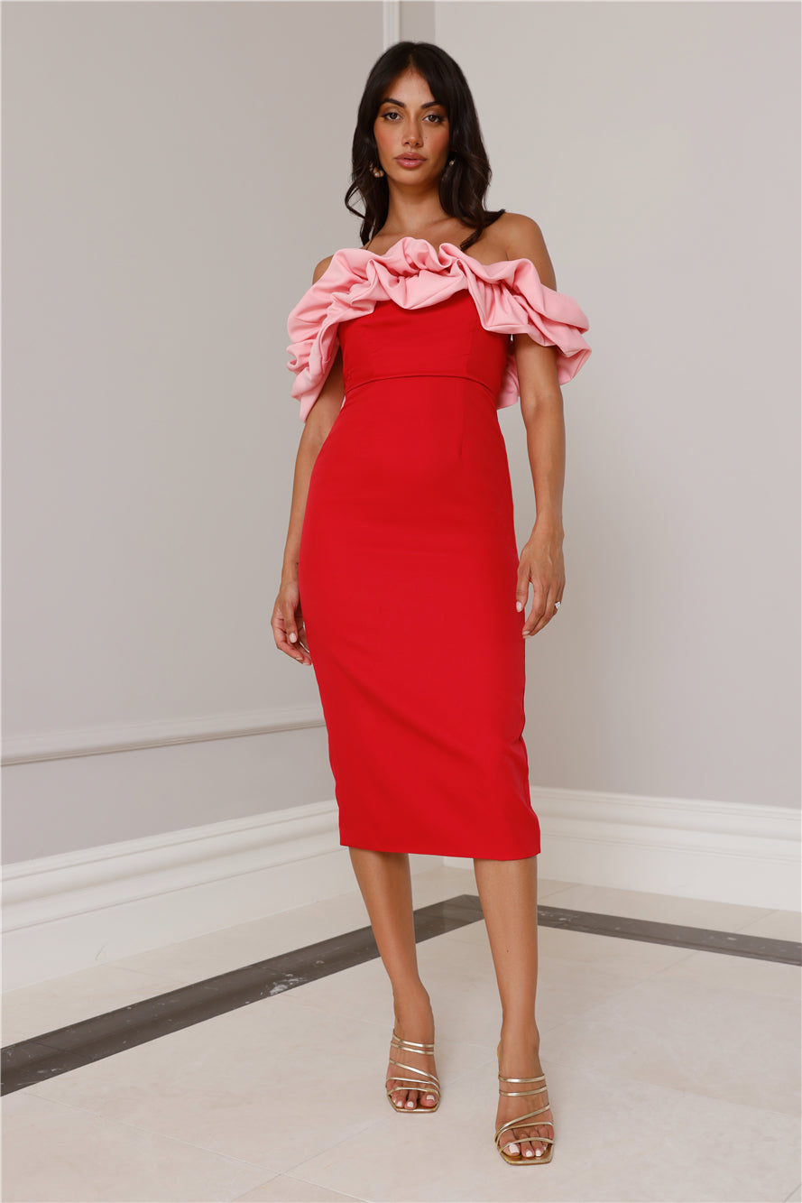 Shop Formal Dress - Kinsey Off Shoulder Frill Midi Dress Red fourth image
