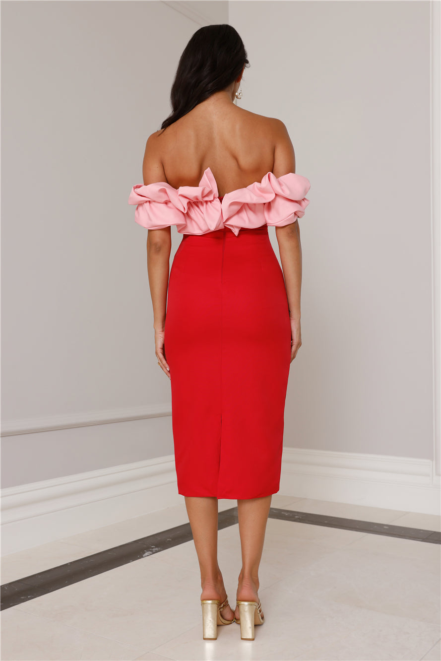 Shop Formal Dress - Kinsey Off Shoulder Frill Midi Dress Red fifth image