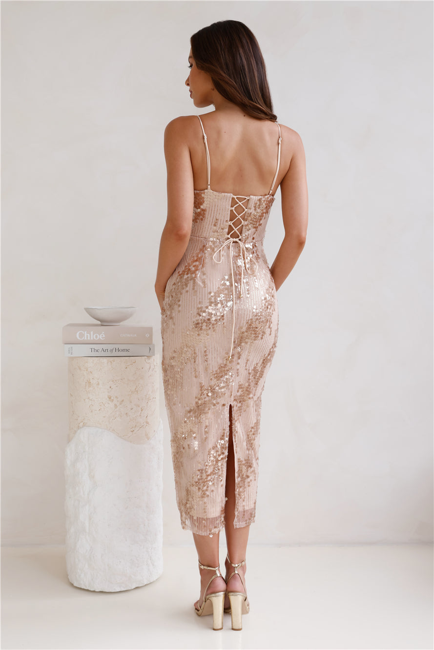 Shop Formal Dress - Enlighten Me Sequin Midi Dress Brown fourth image