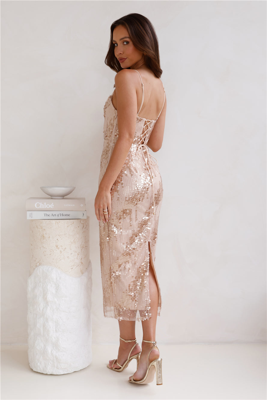 Shop Formal Dress - Enlighten Me Sequin Midi Dress Brown sixth image