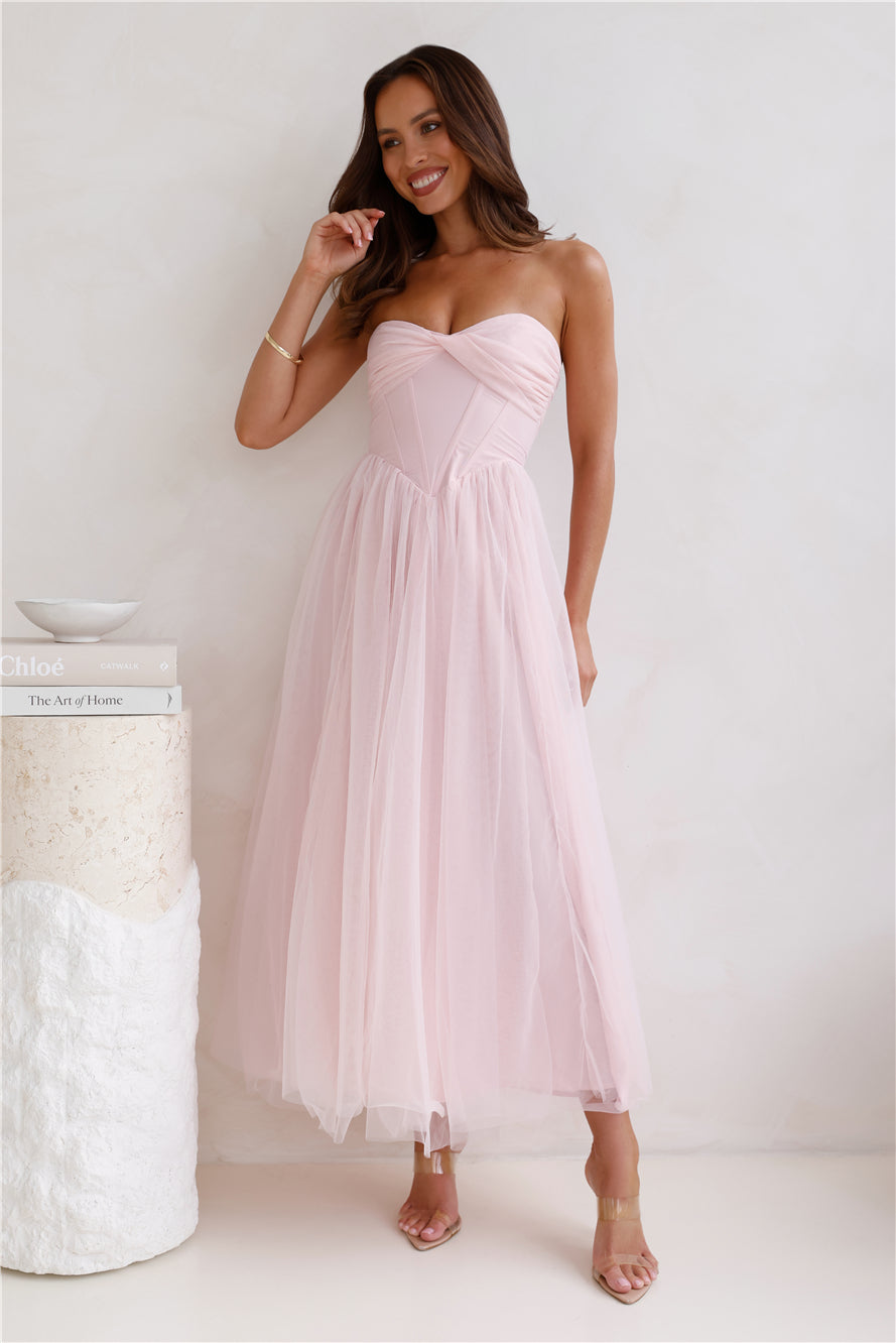 Worthy Of Diamonds Strapless Tulle Midi Dress Pink