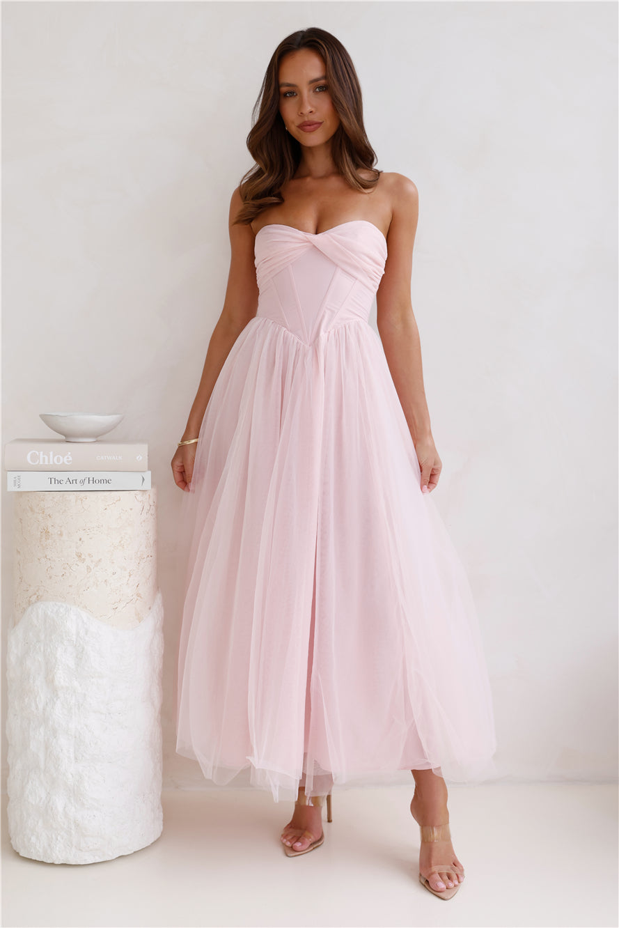 Shop Formal Dress - Worthy Of Diamonds Strapless Tulle Midi Dress Pink fourth image