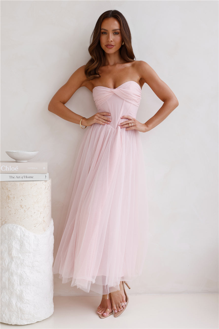 Shop Formal Dress - Worthy Of Diamonds Strapless Tulle Midi Dress Pink third image