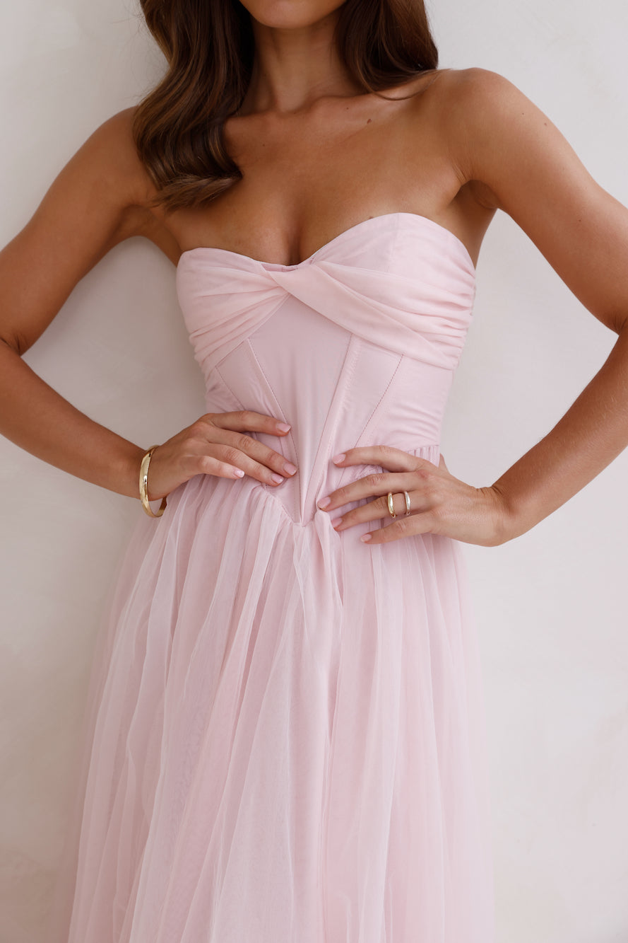 Shop Formal Dress - Worthy Of Diamonds Strapless Tulle Midi Dress Pink fifth image