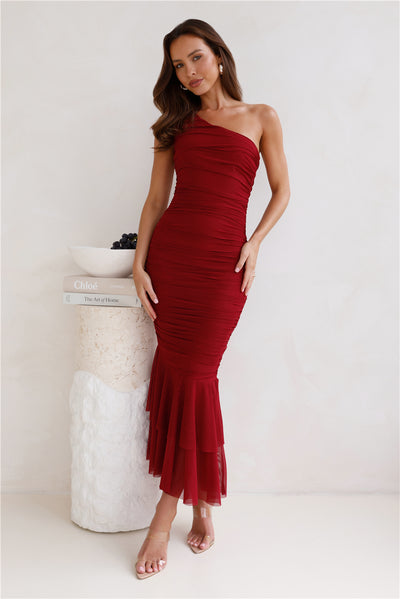 In The Twilight One Shoulder Mesh Maxi Dress Maroon