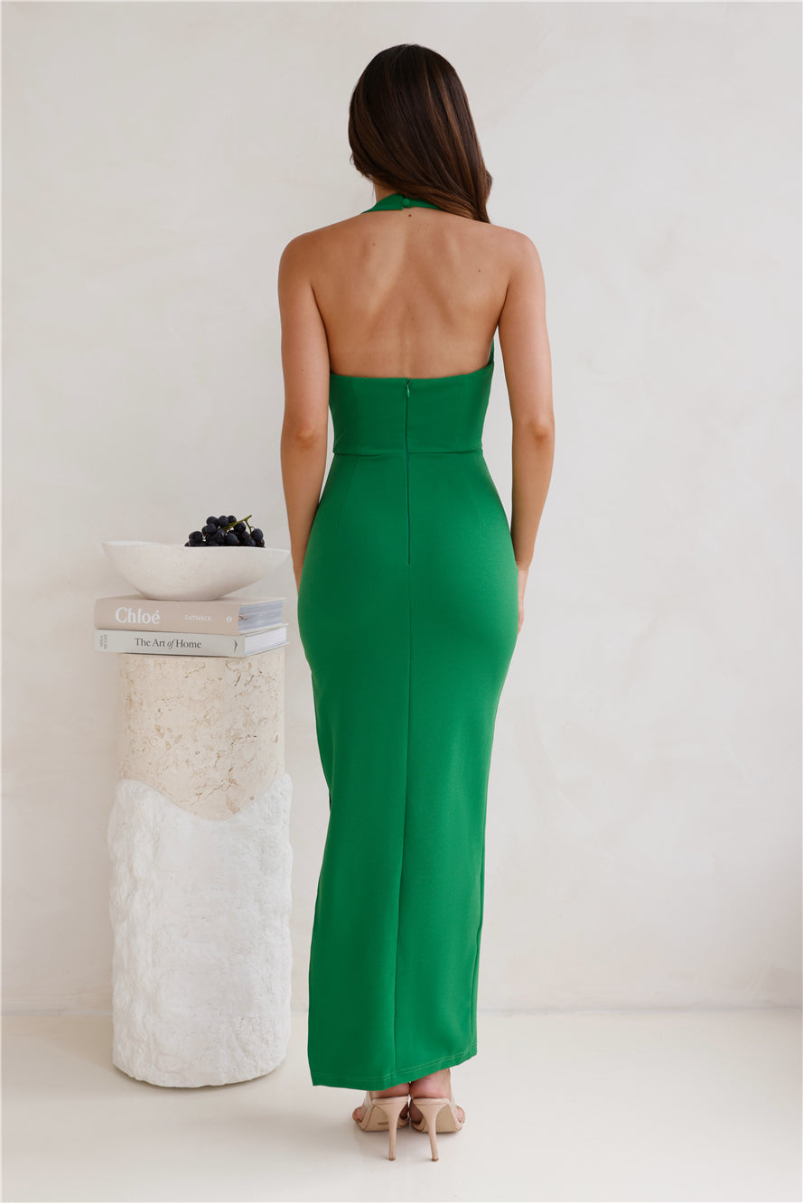 Shop Formal Dress - Crystal Show Halter Maxi Dress Green fourth image